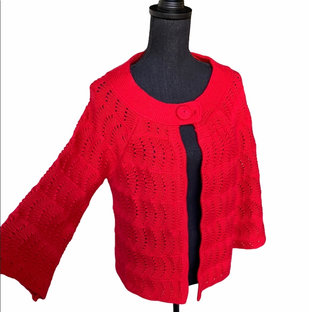 Madison Brilliant Red Eyelet Crochet Cardigan Women’s Top